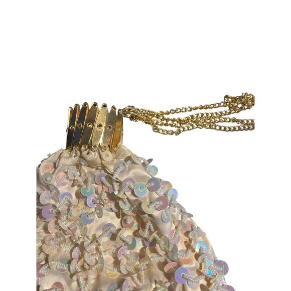 Sequined White Beggars Bag Vintage Expandable Gate Top Accordion Purse -FLAWED - Picture 3 of 13